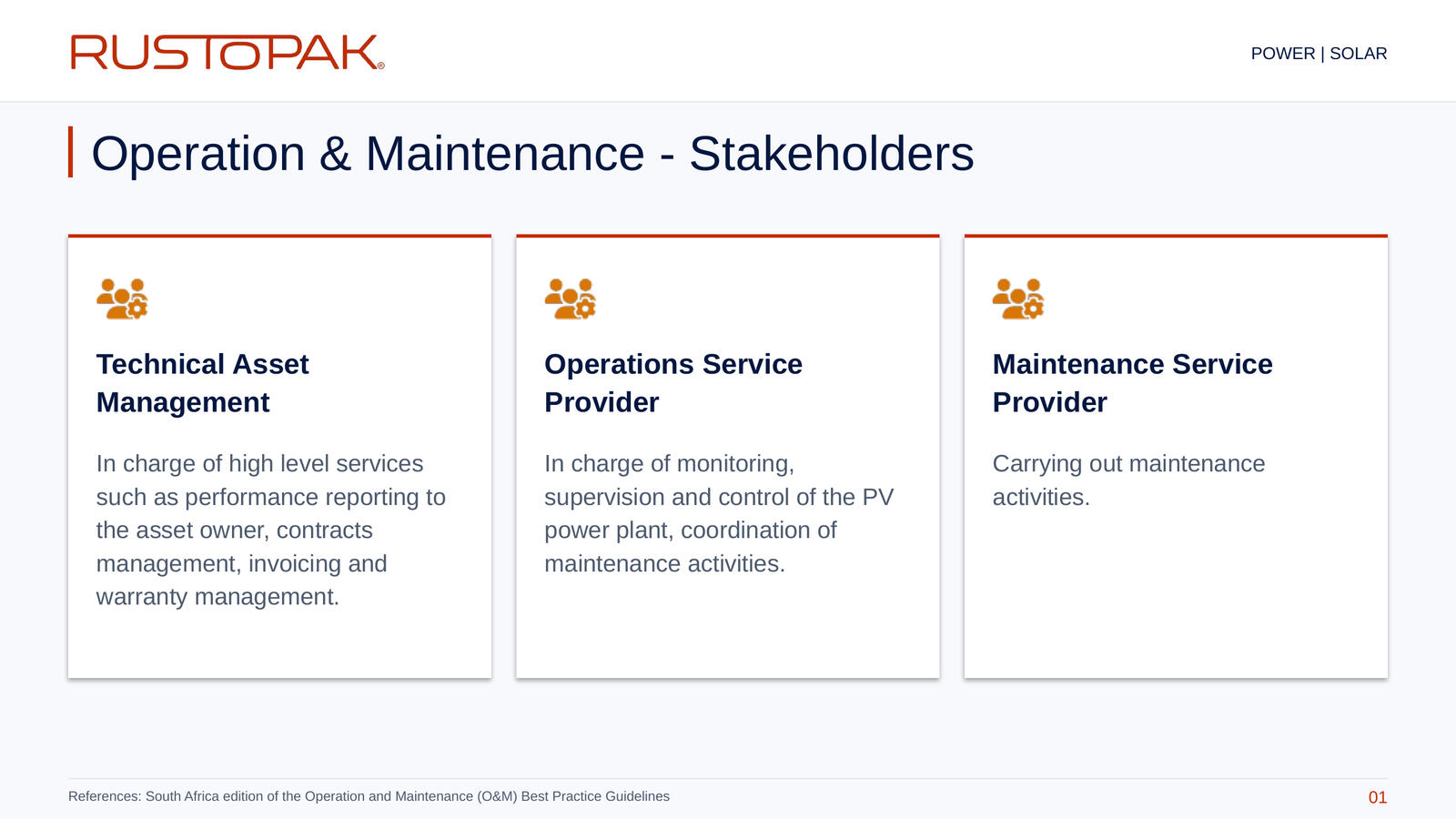 1. Operation & Maintenance - Stakeholders Slide 01: Roles of technical asset management, operations service providers and maintenance service providers.