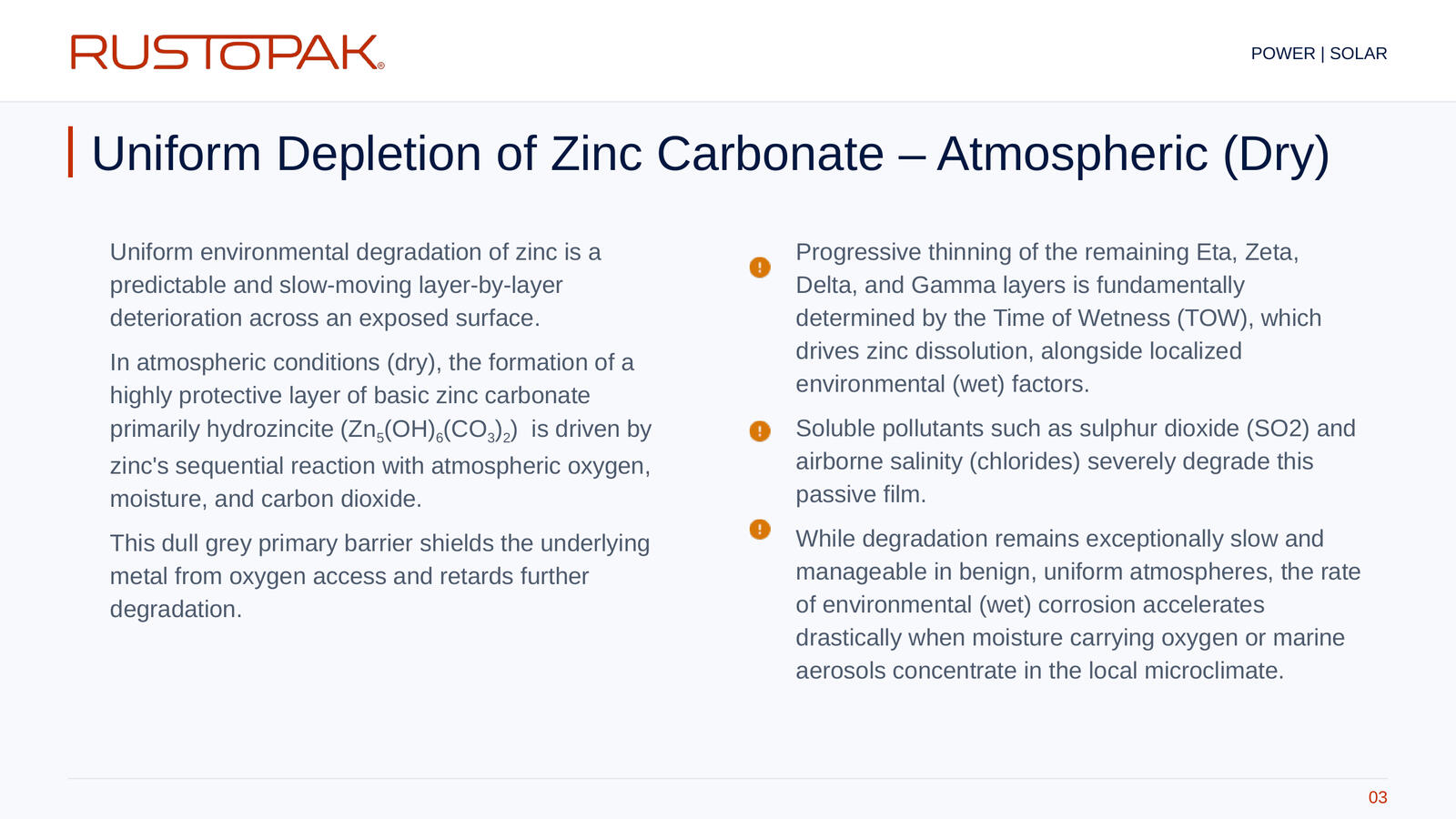 03. Uniform Depletion of Zinc Carbonate - Atmospheric (Dry) Slide 03: Explanation of zinc carbonate formation and depletion under atmospheric exposure.