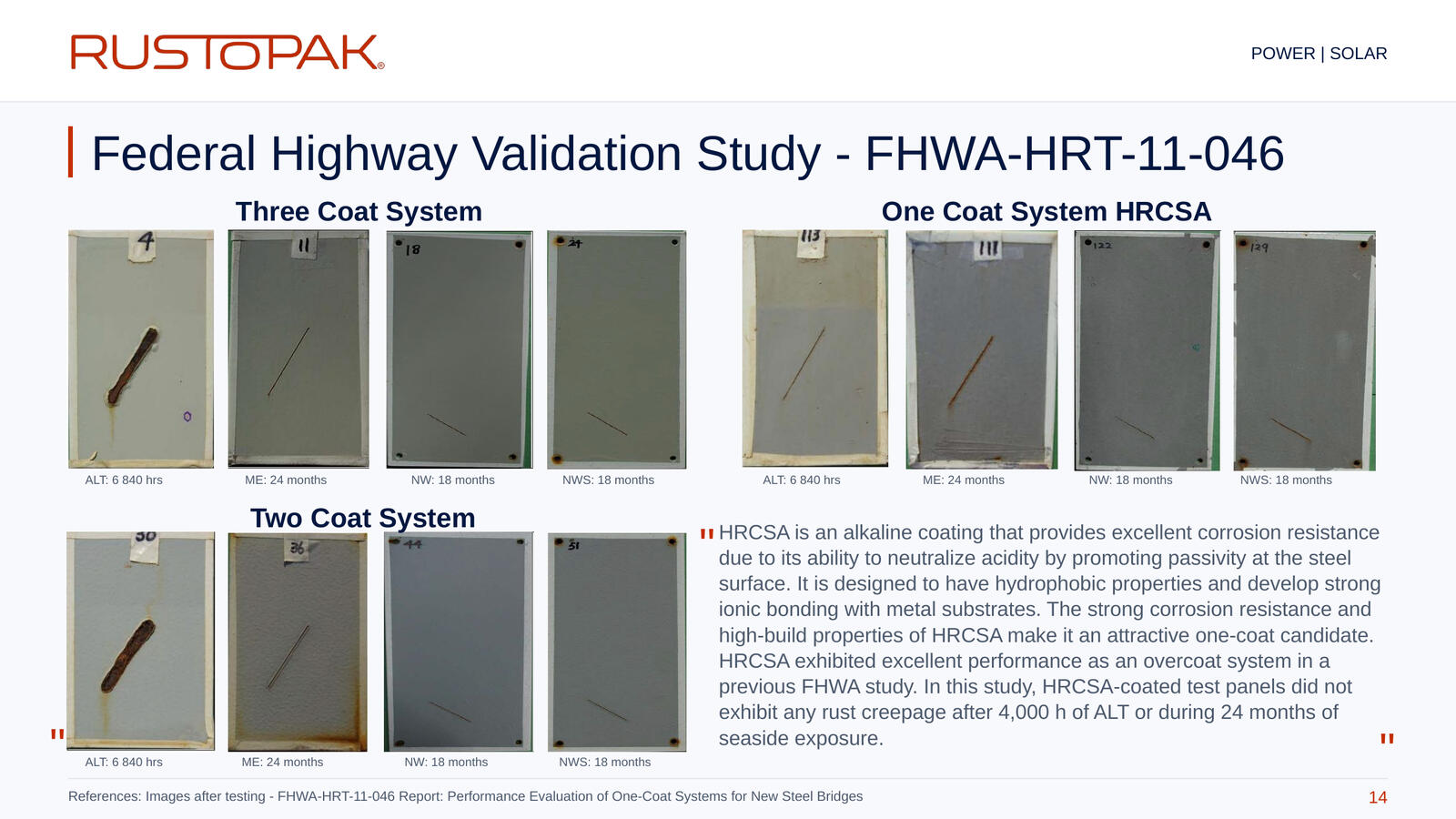 14. Federal Highway Validation Study - FHWA-HRT-11-046 Slide 14: Photographs comparing test panels from three-coat, two-coat and HRCSA one-coat systems after laboratory and outdoor exposure.