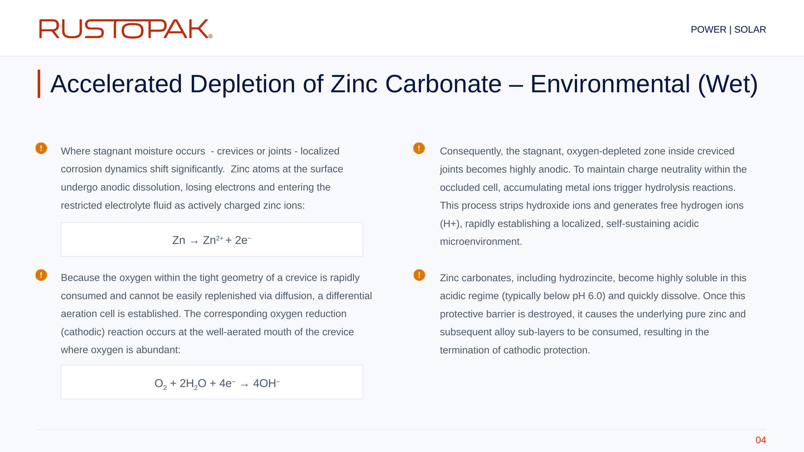 04. Accelerated Depletion of Zinc Carbonate – Environmental (Wet) Slide 04: Explanation of crevice corrosion and zinc carbonate depletion in wet conditions, with chemical reaction equations.