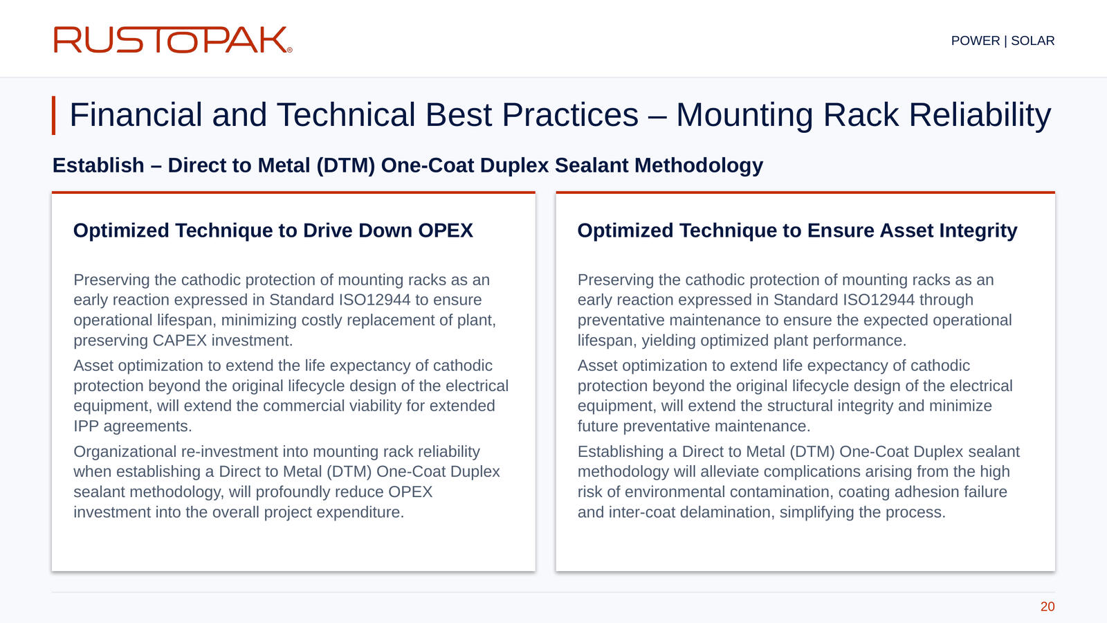 20. Financial and Technical Best Practices – Mounting Rack Reliability Slide 20: Two-column discussion of operating expenditure and asset integrity for solar mounting rack maintenance.