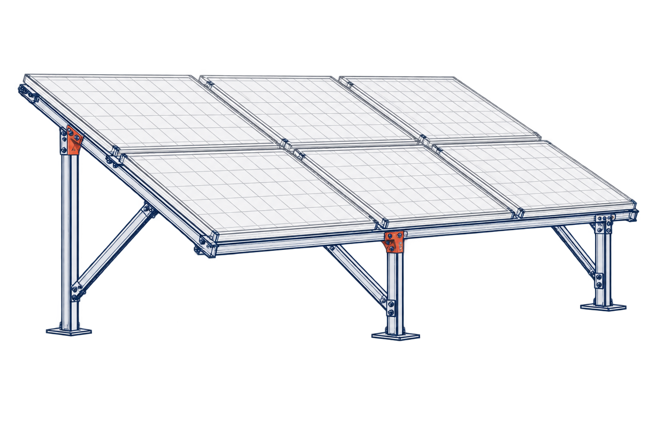 Solar mounting rack Engineering line drawing showing the steel posts, rails and braces beneath solar panels.
